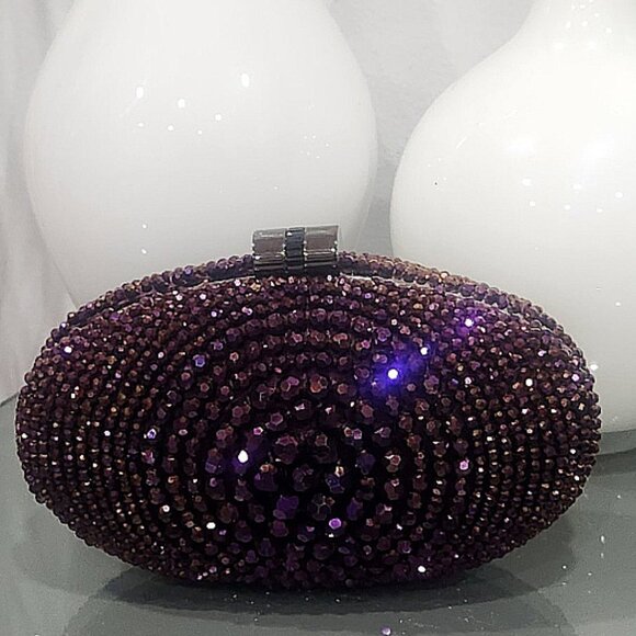 💥GLAM & SEXY!💥VINTAGE Caché Luxurious Sparkly Aubergine Purple Crystal Clutch - Picture 9 of 15